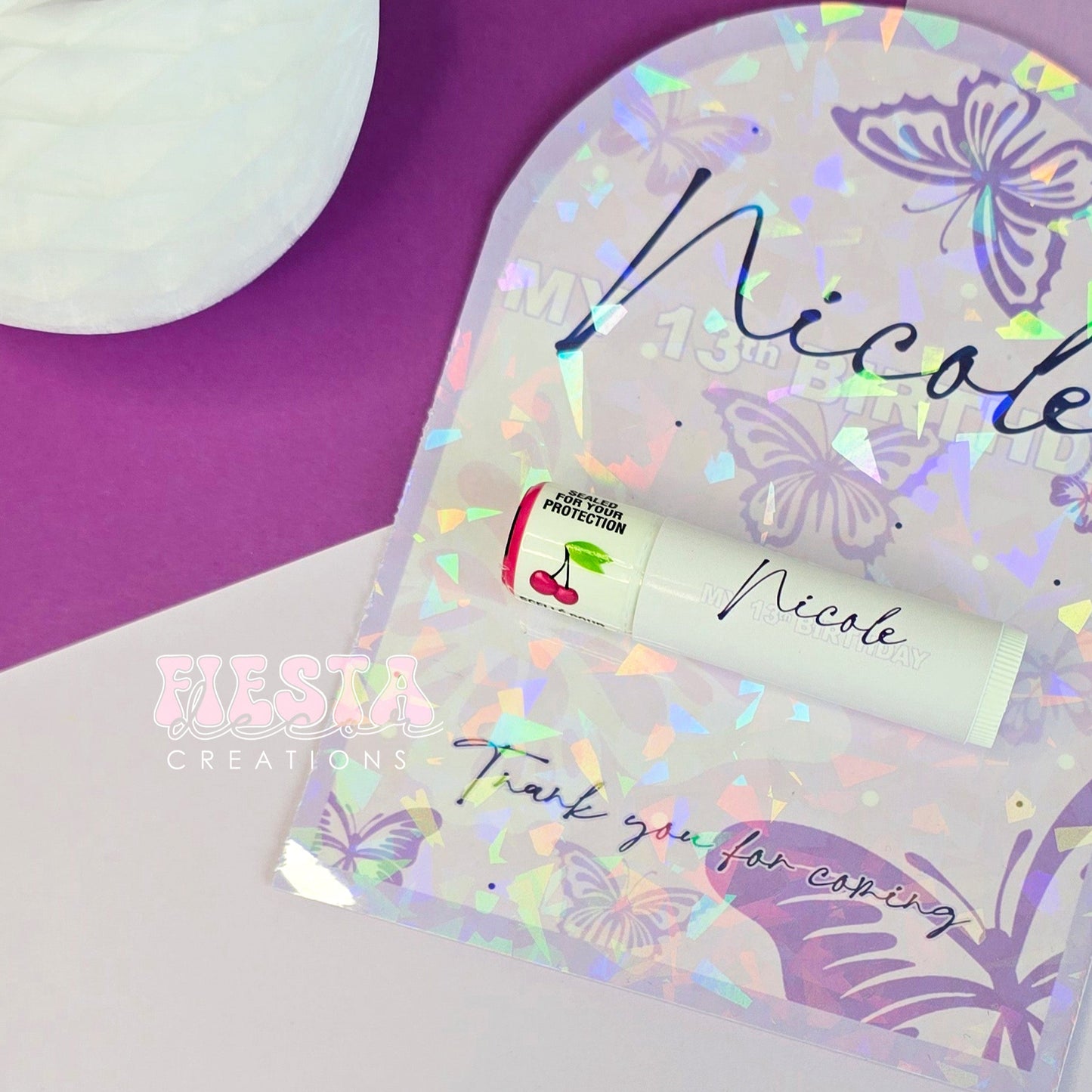 Custom Holographic Lip Balm Favors | Personalized Gifts for All Occasions | Fiesta Decor Creations