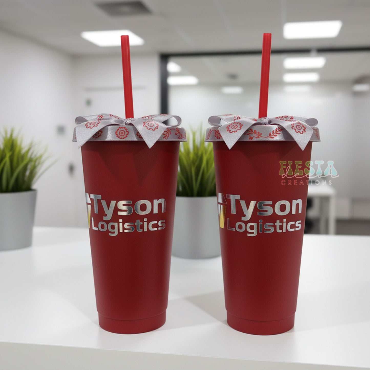 A personalized clear tumbler featuring a corporate logo, an ideal client appreciation or employee gift from Fiesta Decor Creations.