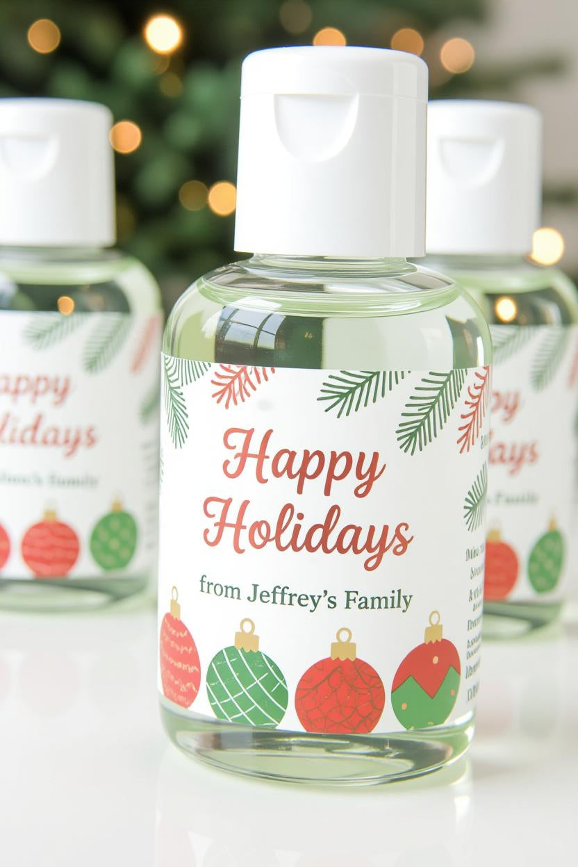 Customizable mini hand sanitizer favors with personalized labels for any event, theme, or celebration, handcrafted by Fiesta Decor Creations.