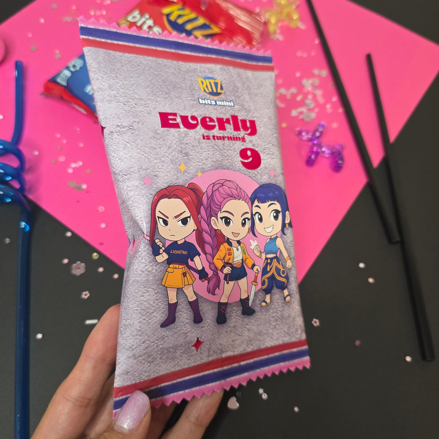 Custom Mini Ritz snack wrapper, personalized for any birthday theme and name, vibrant party favor.