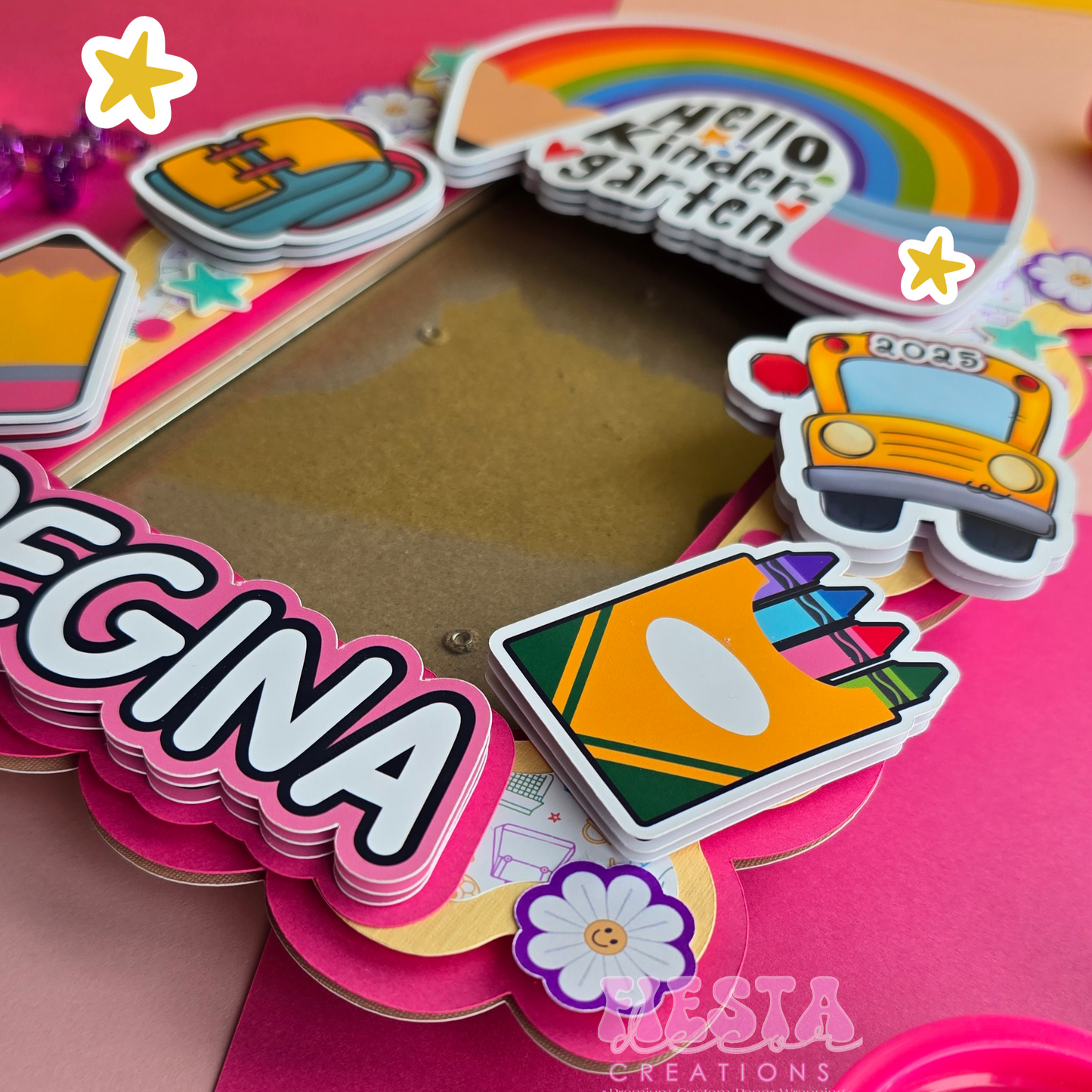 Vibrant, multi-layered cardstock photo frame with scalloped edges, customizable for any school milestone or theme.