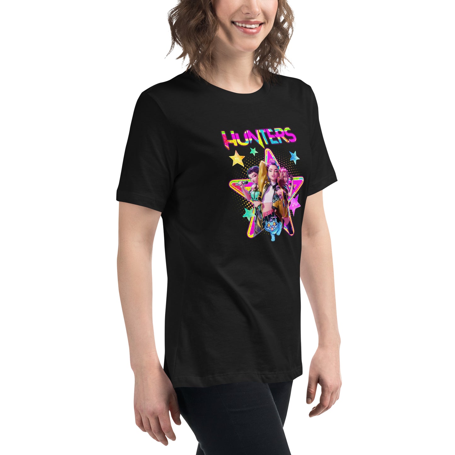 Create your own graphic tee: black t-shirt with colorful 'HUNTERS' character example, comfortable.