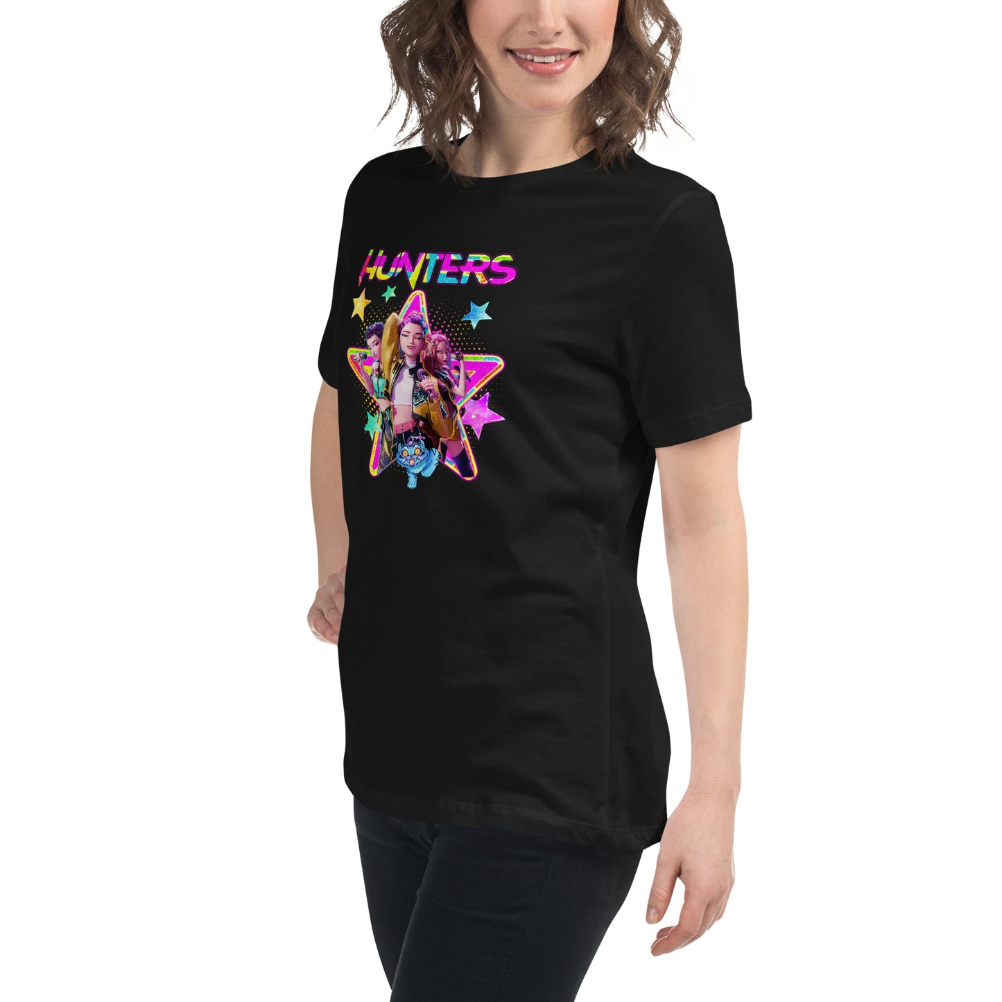 Custom women's black t-shirt, 'HUNTERS' pop culture graphic, vibrant colors, relaxed fit.