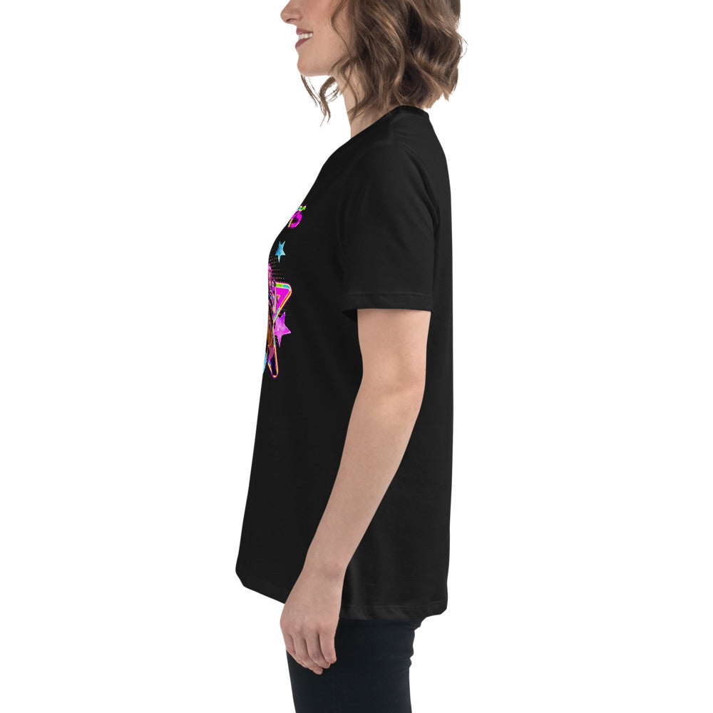 Personalized black t-shirt, retro geometric graphic, side profile, soft cotton blend.