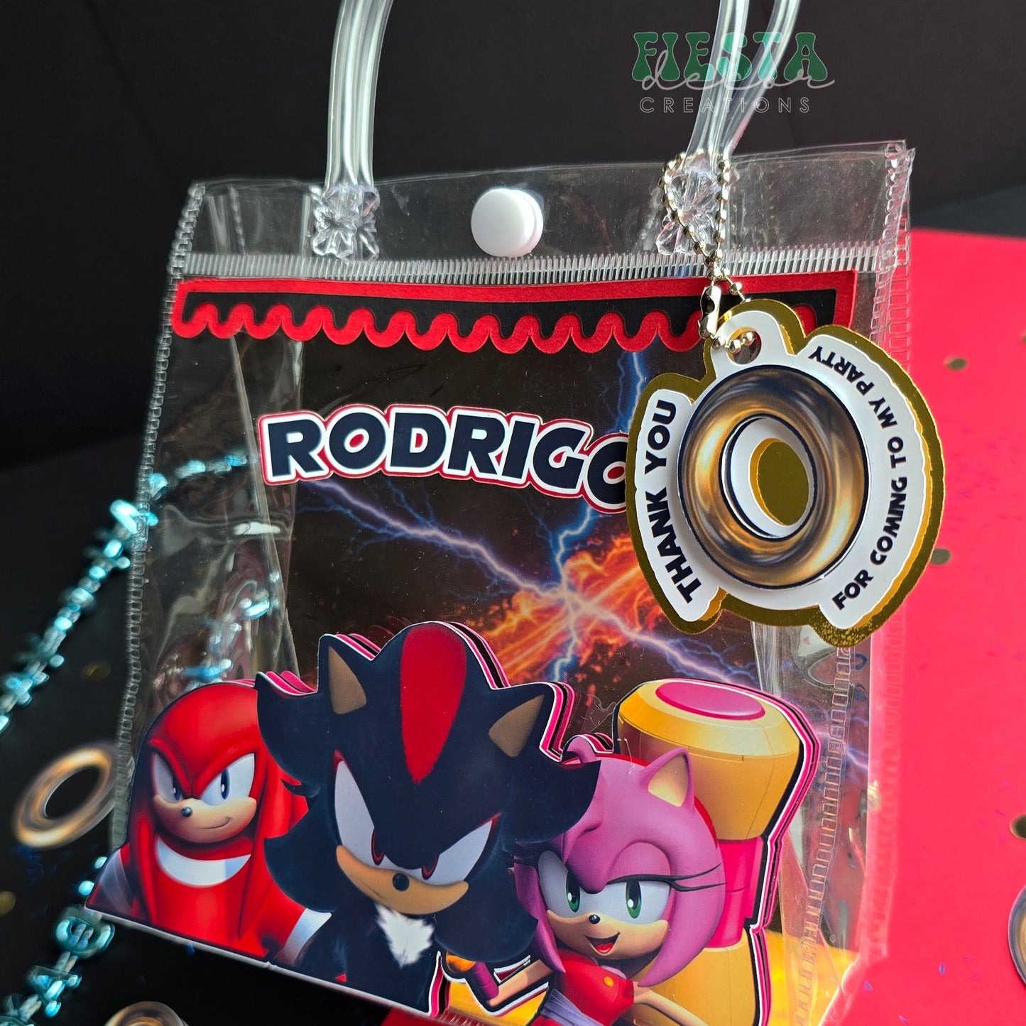 Sonic the Hedgehog themed party favor bag with Rodrigo's name, characters & 'Thank You' tag for a birthday.