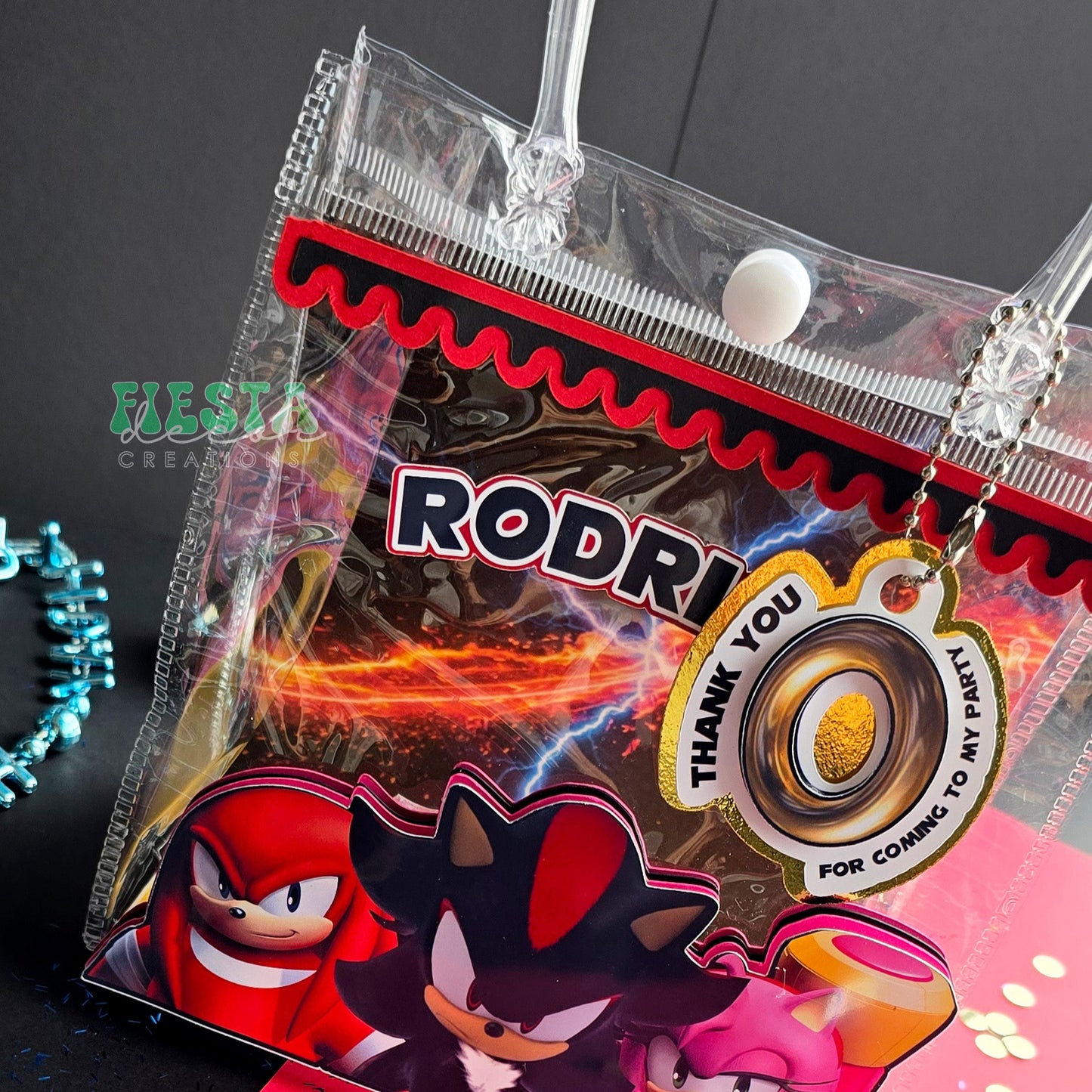 Personalized Sonic the Hedgehog party favor zipper bag for Rodrigo, featuring Knuckles, Shadow, Amy & lightning