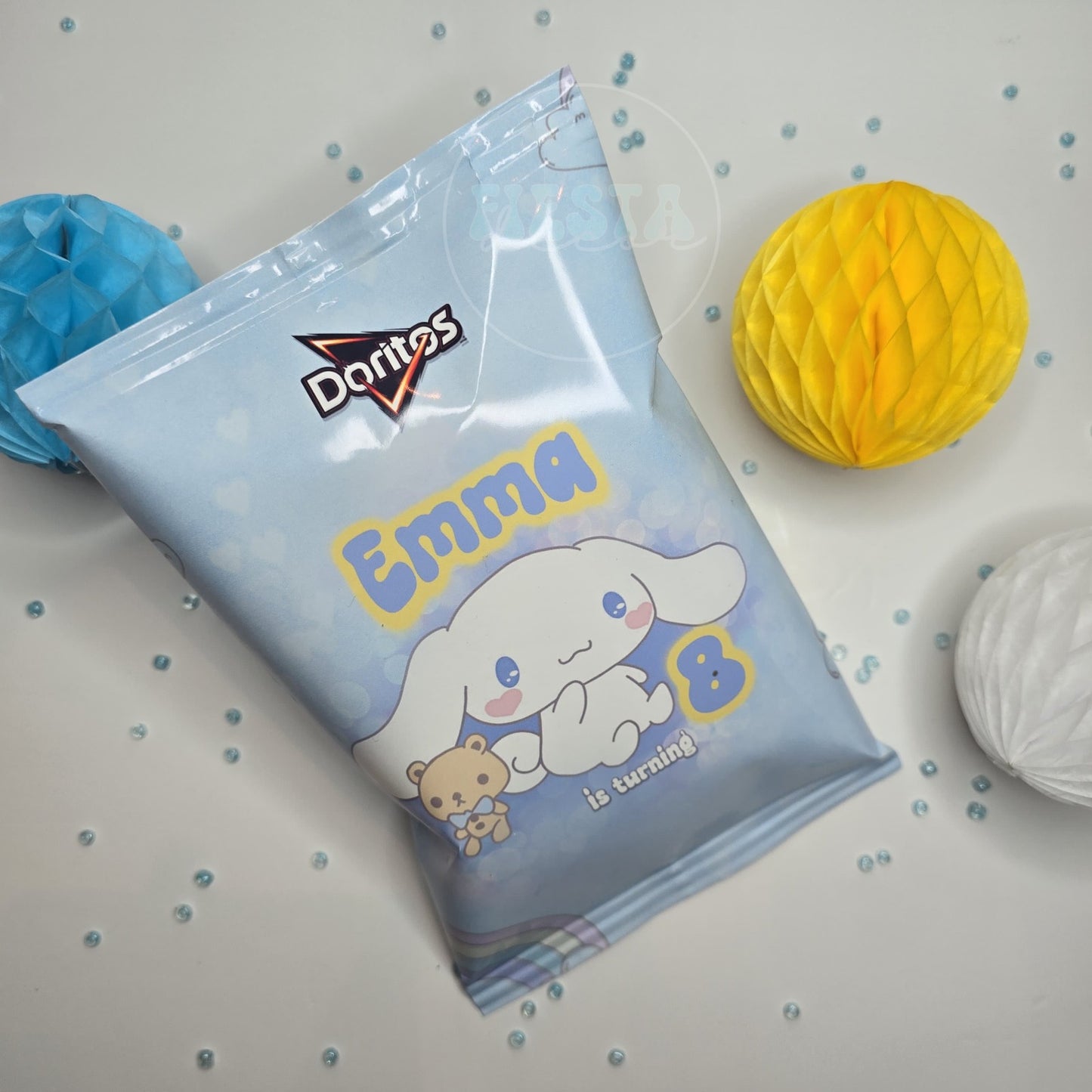 Holographic custom snack bag with unique graphics, perfect for a personalized party favor or themed event.