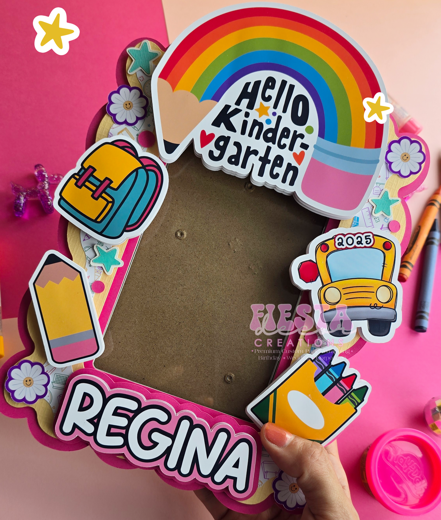 Dimensional personalized photo prop/sign, handcrafted with layered elements, perfect for celebrating any child's school journey.