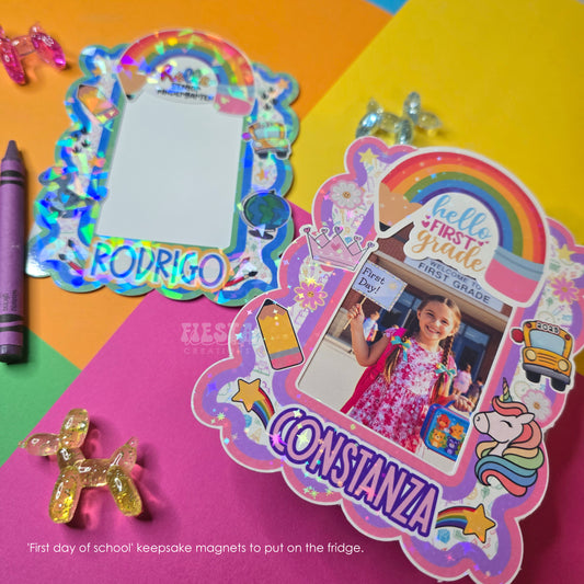 Two holographic personalized 'First Day of School' photo keepsake magnets. One features a unicorn and rainbow for 'First Grade Constanza', the other a globe and dinosaur for 'Senior Kindergarten Rodrigo'.
Close-up of personalized school magnets with iridescent foil, showing custom names 'Rodrigo' and 'Constanza', grade levels, and spaces for child's photos.
Vibrant custom First Day of School magnets with holographic sparkle, featuring playful designs like a school bus, unicorn, globe, and art supplies for c