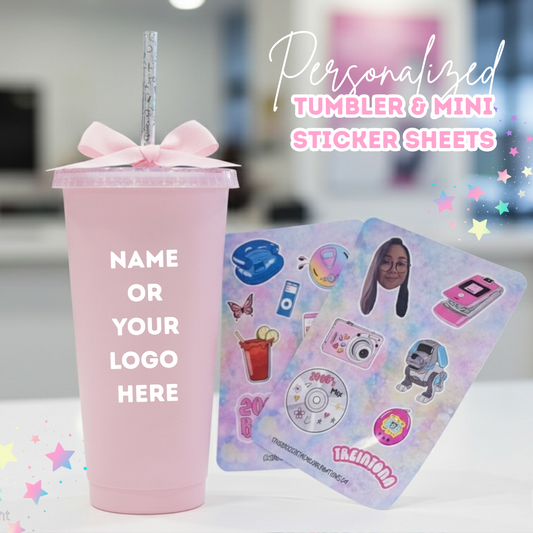 A custom tumbler and sticker activity kit; a unique corporate gift or party favor from Fiesta Decor Creations in Canada.