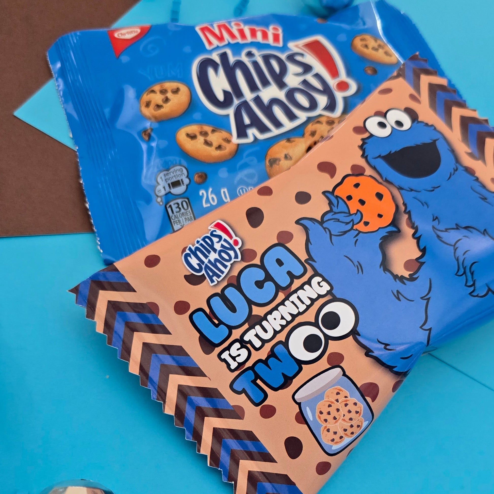 Customizable snack wrapper for mini cookies, showing personalized design options for various names and celebration themes.