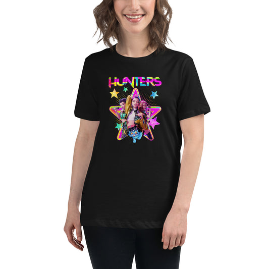 Custom women's black t-shirt, 'HUNTERS' pop culture graphic, vibrant colors, relaxed fit.