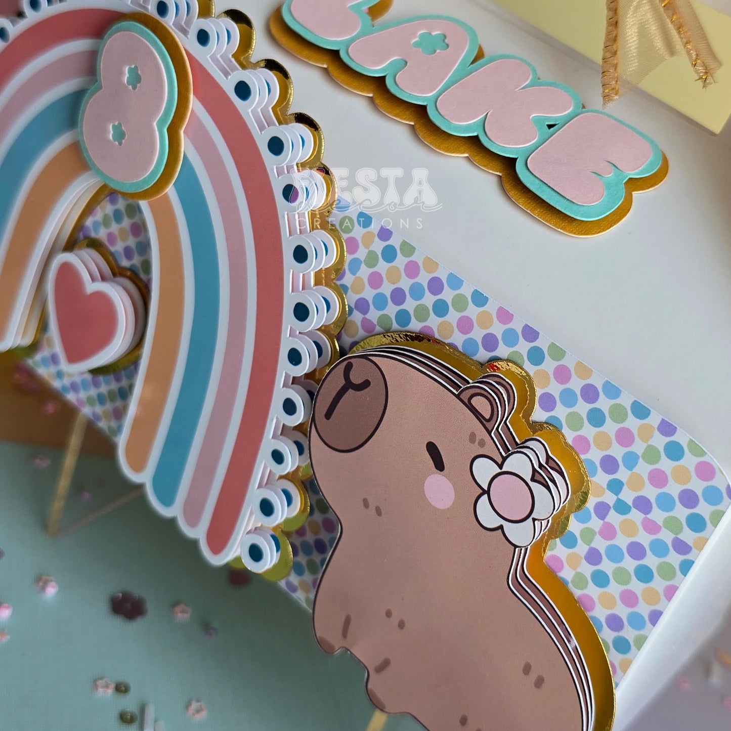 Intricate layered 3D decoration for celebrations, highlighting custom name, age, and chosen theme possibilities.