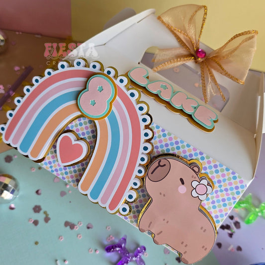 Personalized 3D favor box with layered design, custom name, age, and any chosen character, perfect for birthday parties.