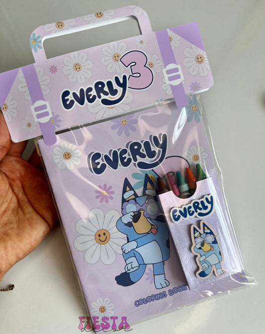 Personalized custom party favor with coloring book, crayons, and magnet, for a child's birthday.