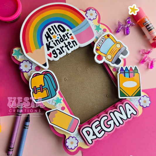 Custom layered photo frame with natural base, gold, and pink layers, ready for personalized school-themed embellishments.