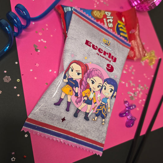 Custom Mini Ritz snack wrapper, personalized for any birthday theme and name, vibrant party favor.